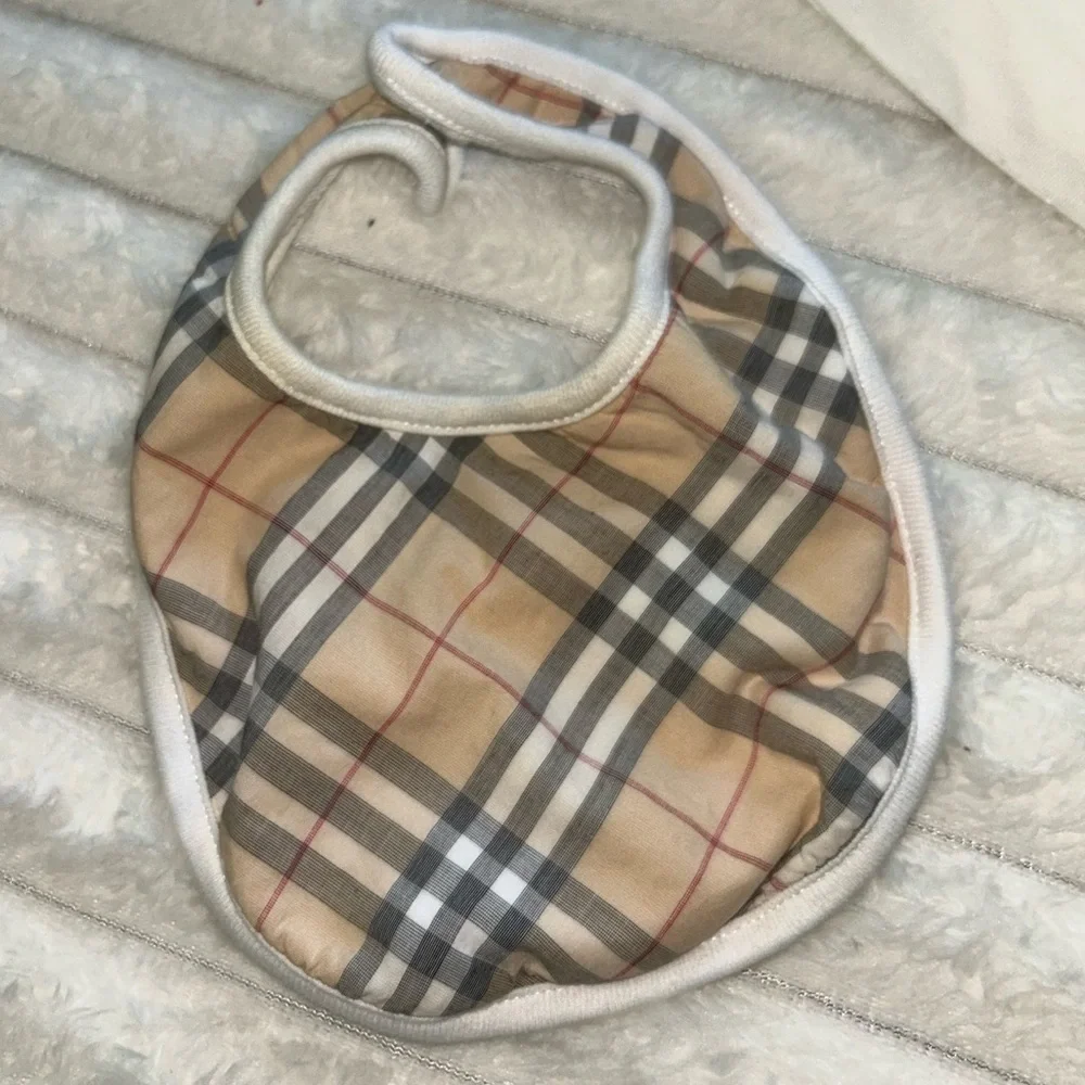 Vintage BURBERRY Baby Boy Hat & Nova Check Printed Bib- Blue/Tan Gingham Check